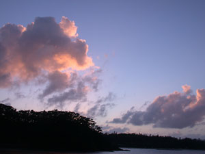 夕焼けで真っ赤に染まった雲